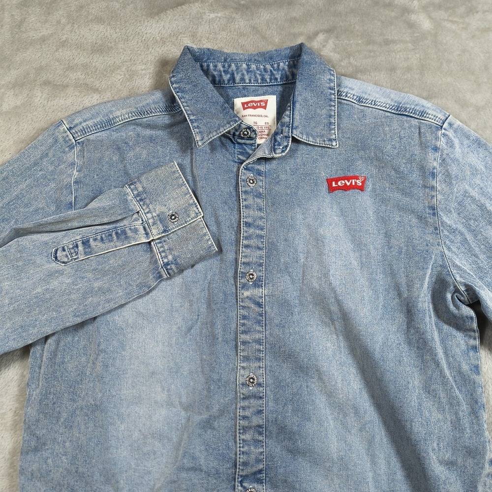 Levis Denim Shirt Youth Boys XL Blue Button Up Western Logo Cowboy Rodeo Ranch